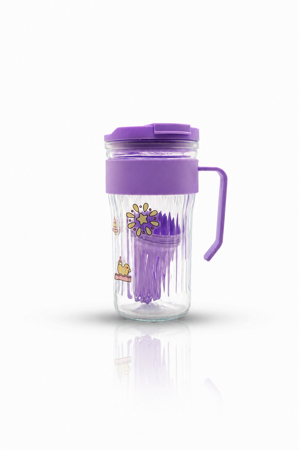 Ribbed Glass Coffee Tumbler with Purple Flip Lid, Handle & Printed Cartoon Design